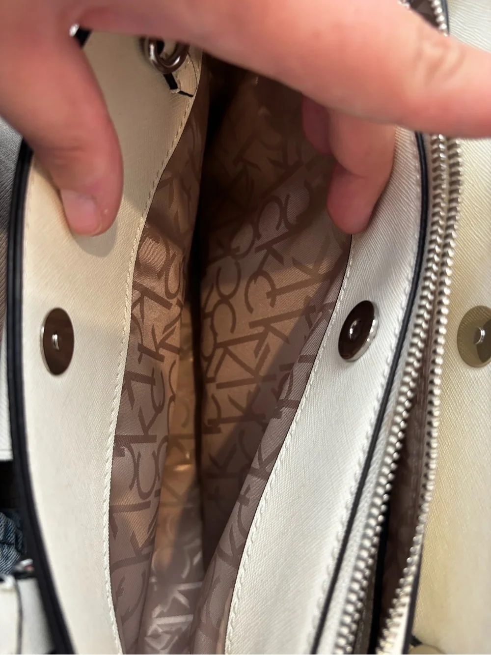 Calvin Klein Cream and Brown Logo-Print Satchel